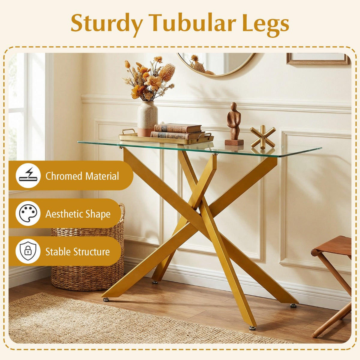 Livsk costway glazen consoletafel moderne haltafel met transparant blad van gehard glas en stevige metalen buispoten goud