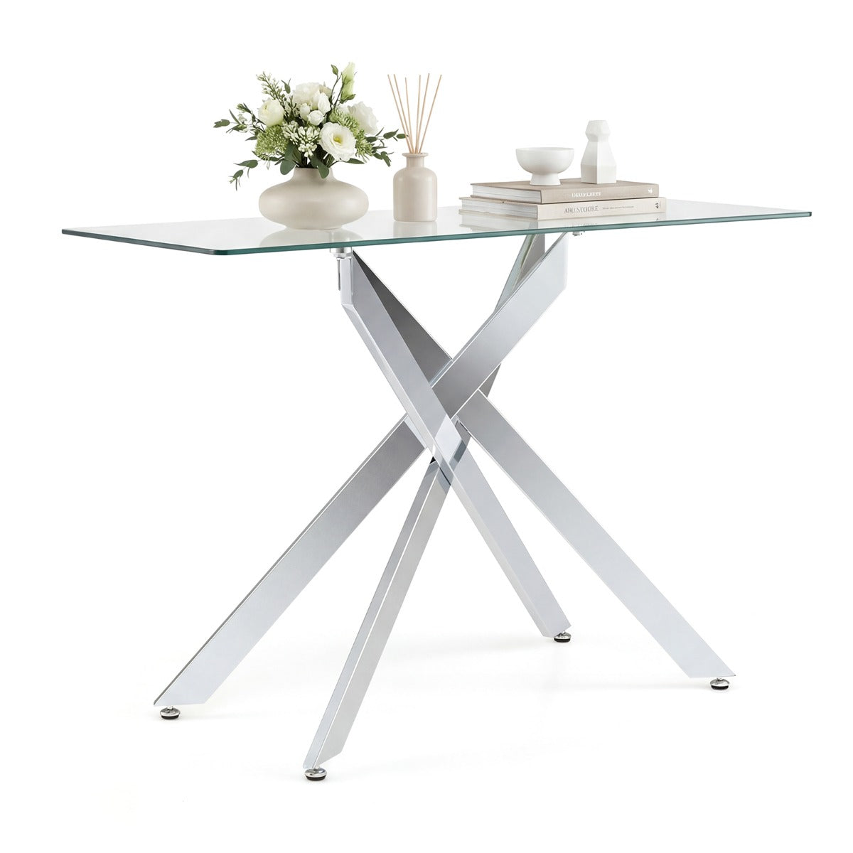 Livsk costway glazen consoletafel moderne haltafel met transparant blad van gehard glas en stevige metalen buispoten zilver 1