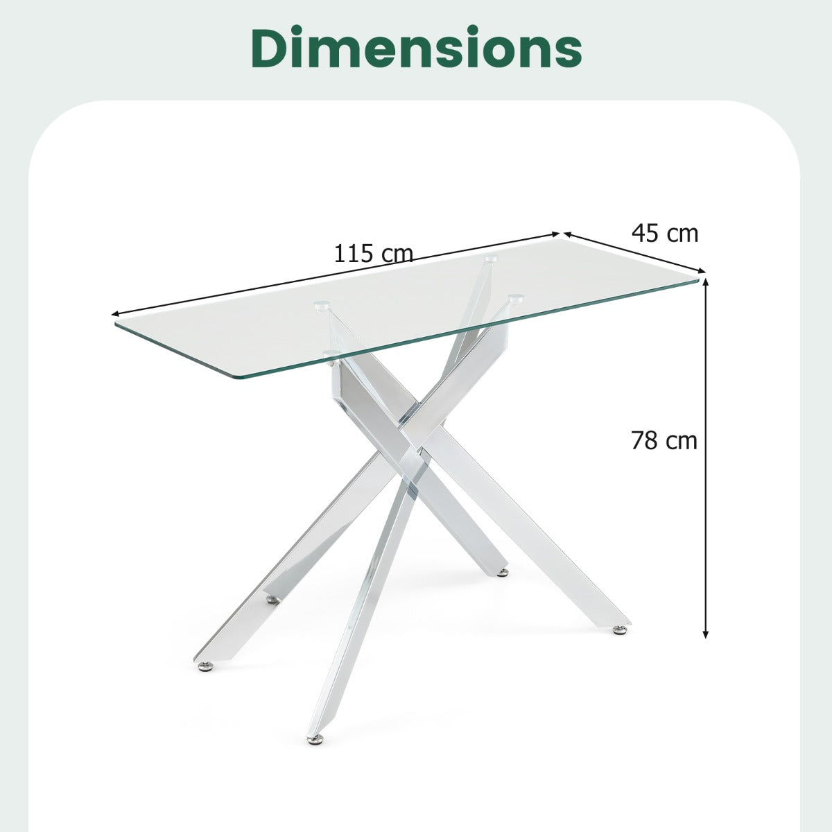 Livsk costway glazen consoletafel moderne haltafel met transparant blad van gehard glas en stevige metalen buispoten zilver