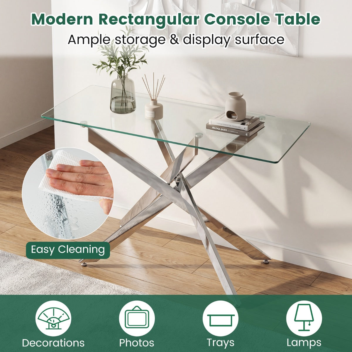 Livsk costway glazen consoletafel moderne haltafel met transparant blad van gehard glas en stevige metalen buispoten zilver