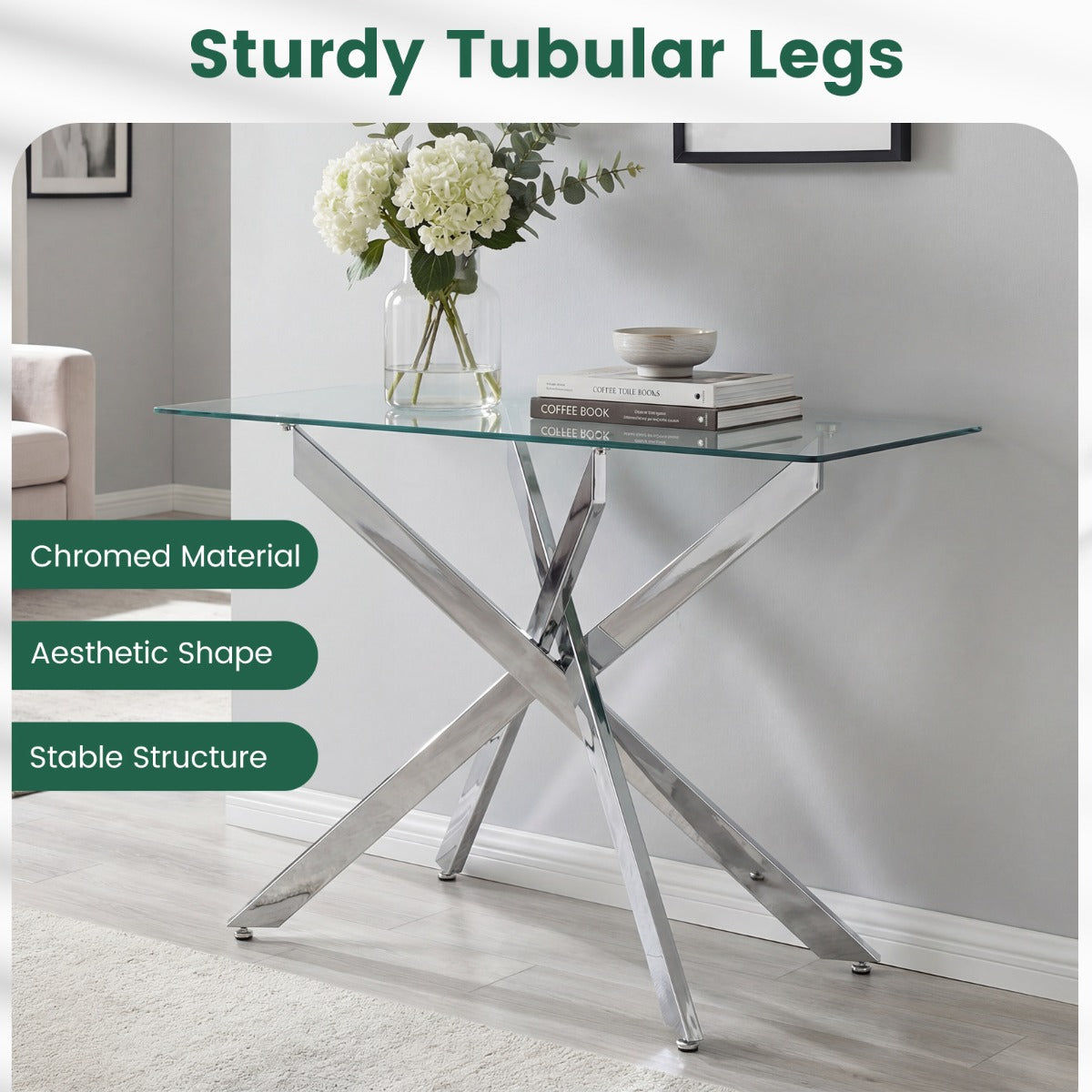 Livsk costway glazen consoletafel moderne haltafel met transparant blad van gehard glas en stevige metalen buispoten zilver