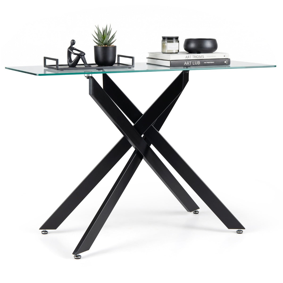 Livsk costway glazen consoletafel moderne haltafel met transparant blad van gehard glas en stevige metalen buispoten zwart 1