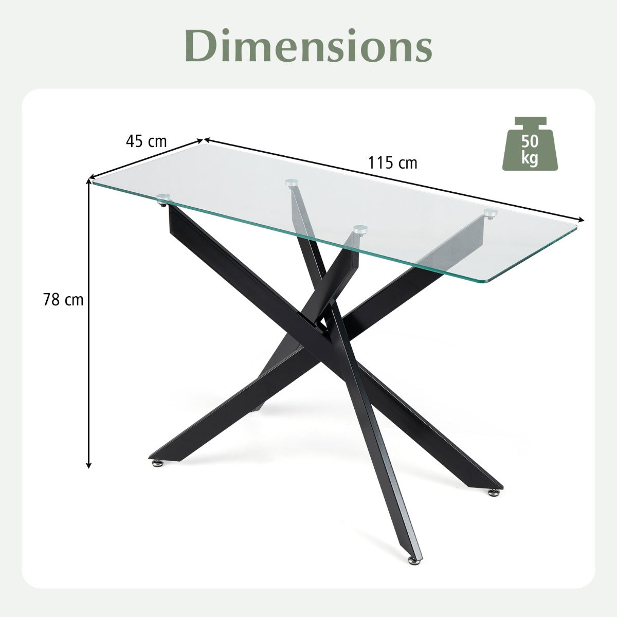 Livsk costway glazen consoletafel moderne haltafel met transparant blad van gehard glas en stevige metalen buispoten zwart
