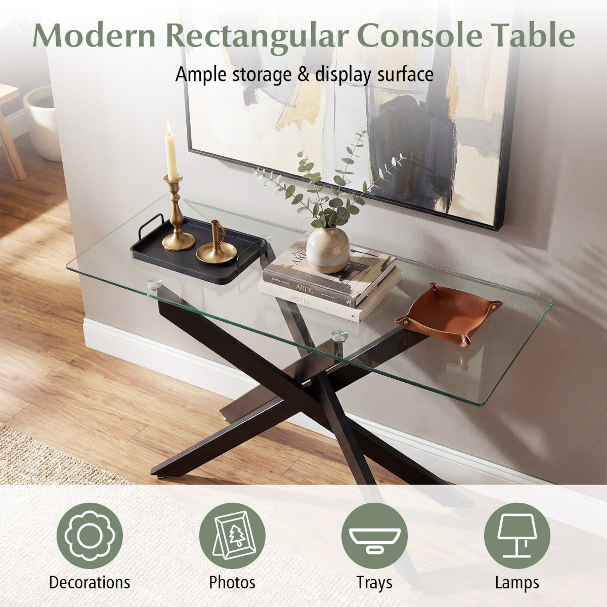 Livsk costway glazen consoletafel moderne haltafel met transparant blad van gehard glas en stevige metalen buispoten zwart