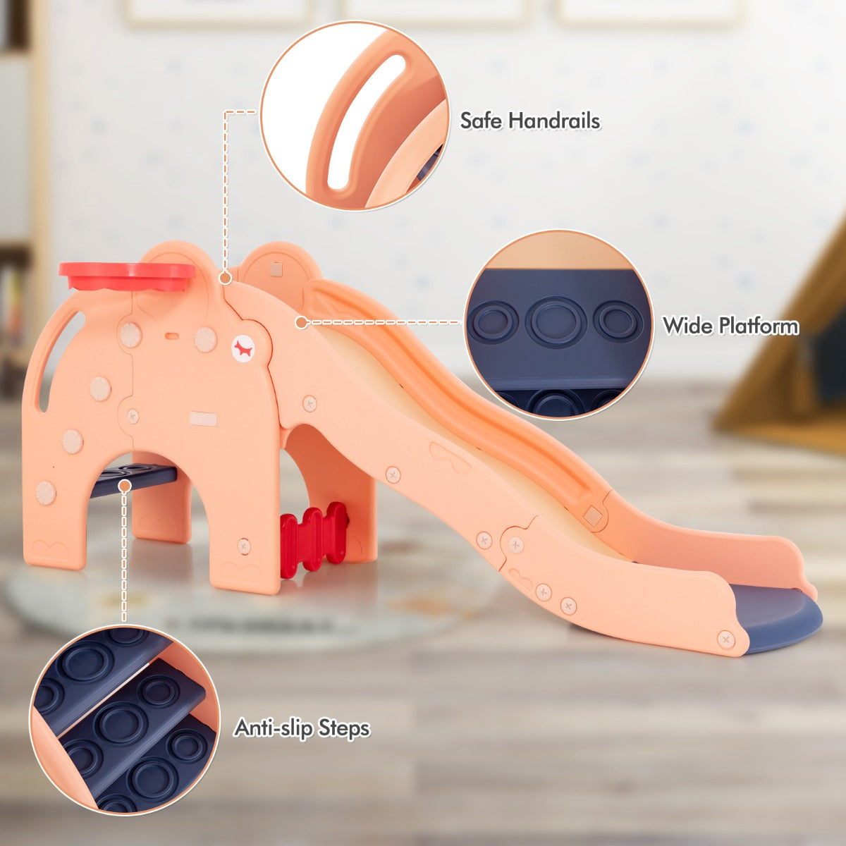 LIVSK 4-in-1 Kinderglijbaan Olifant - Basketbalkorf - Tunnel - Veiligheidsgarantie - Tot 50 kg - 187,5 x 47 x 77,5 cm - Oranje