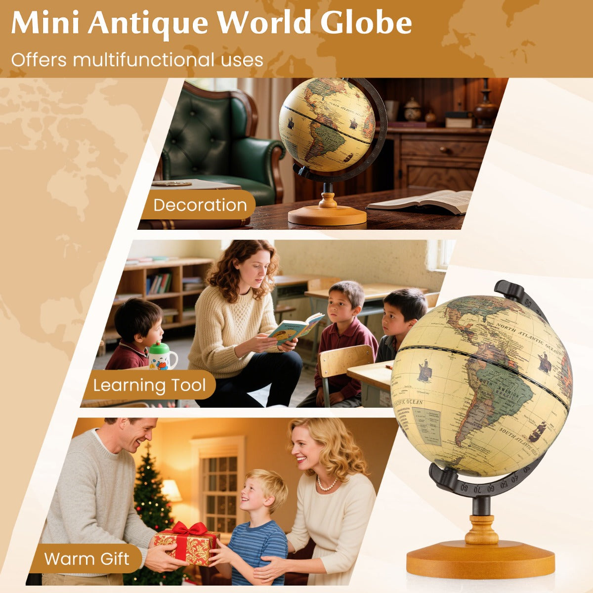 LIVSK mini antieke wereldbol - Ø14 cm - 360° draaibaar - Robuust met houten standaard - Educatief en decoratief - Brons