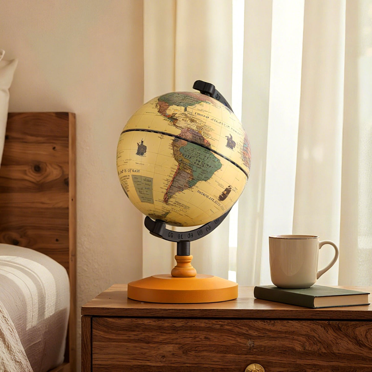 LIVSK mini antieke wereldbol - Ø14 cm - 360° draaibaar - Robuust met houten standaard - Educatief en decoratief - Brons