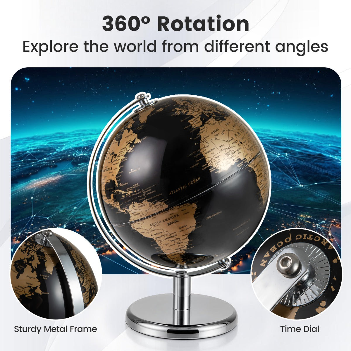 LIVSK Wereldbol 20 cm - Politieke en Fysieke Informatie - 360° Draaibaar - Robuuste Metalen Voet - Vintage Look - Goud