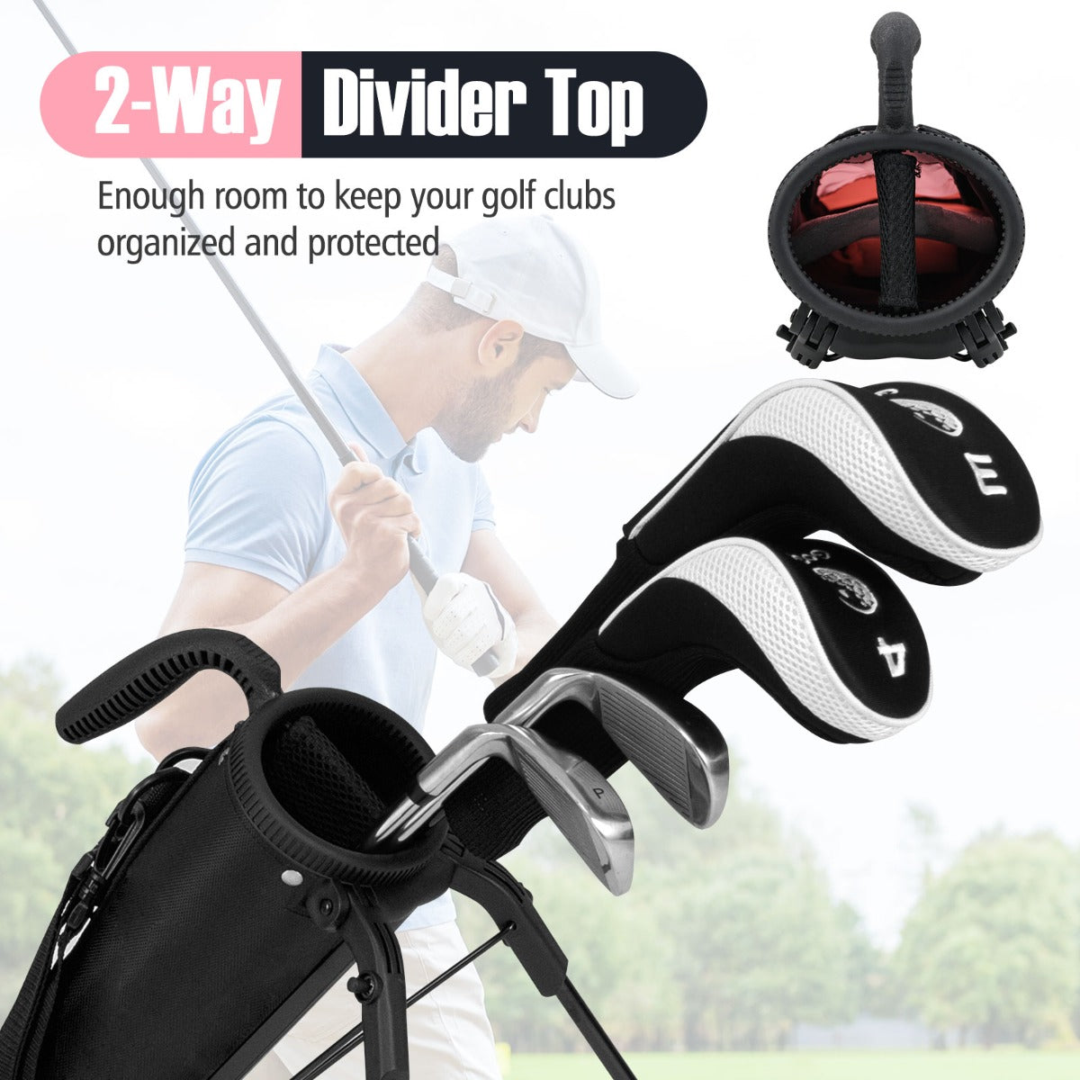 LIVSK Golfbag Standtas - Lichtgewicht 0,9 kg - Verstelbare Schouderriem - 2-weg Bovenverdeler - Opbergruimte - Roze