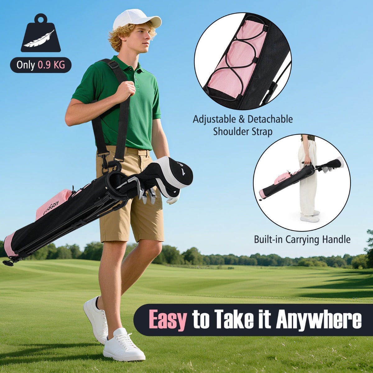 LIVSK Golfbag Standtas - Lichtgewicht 0,9 kg - Verstelbare Schouderriem - 2-weg Bovenverdeler - Opbergruimte - Roze
