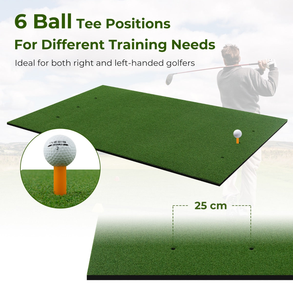 LIVSK Golfmat met 6 Tee Posities - Premium Rubberen Oefenmat - Inclusief Uitlijnstokken - Voor Links- en Rechtshandige - Groen