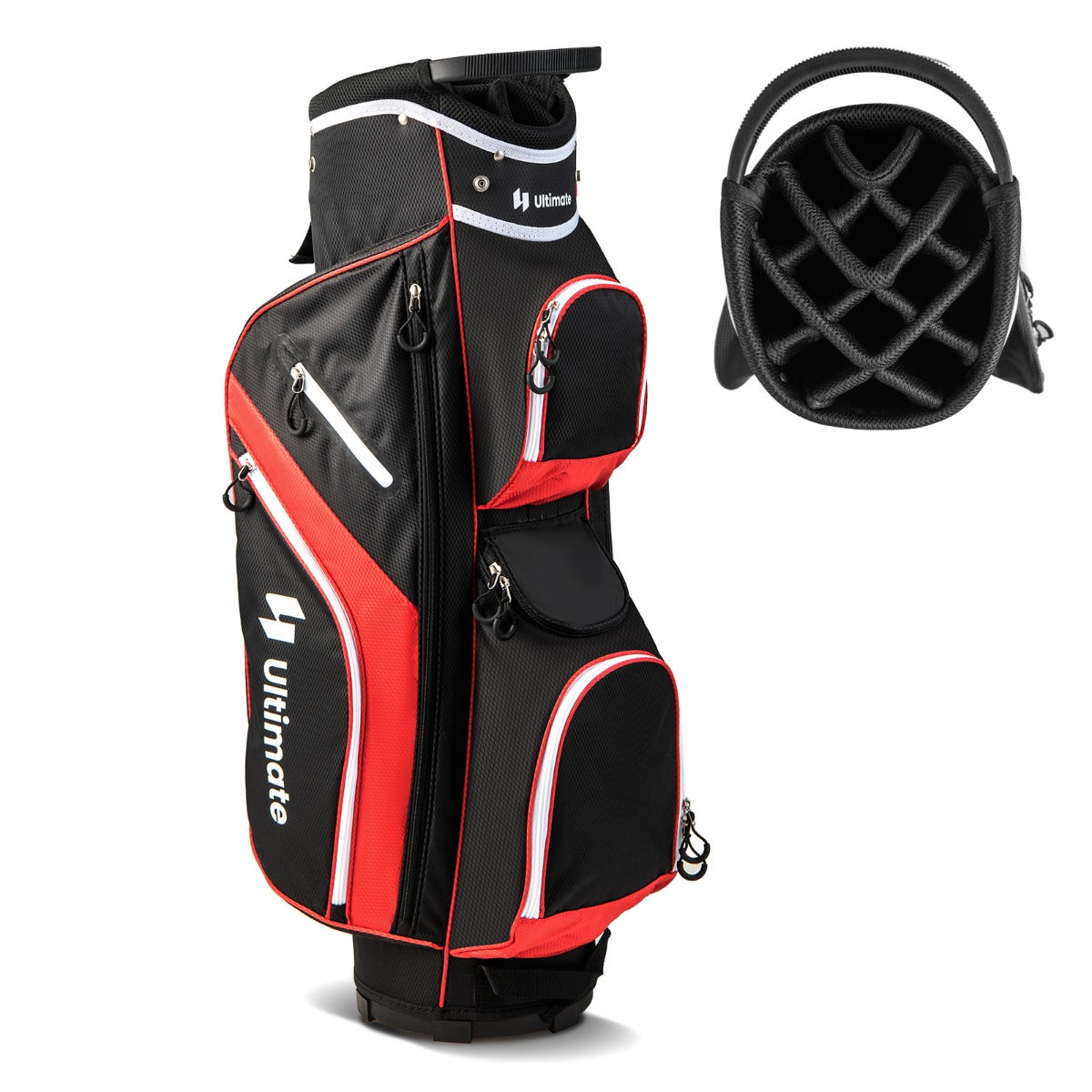 LIVSK Golftrolley Tas - 14 Vakken - 9 Ritszakken - Koelvak - Inclusief Regenhoes - Lichtgewicht 2 kg - Rood