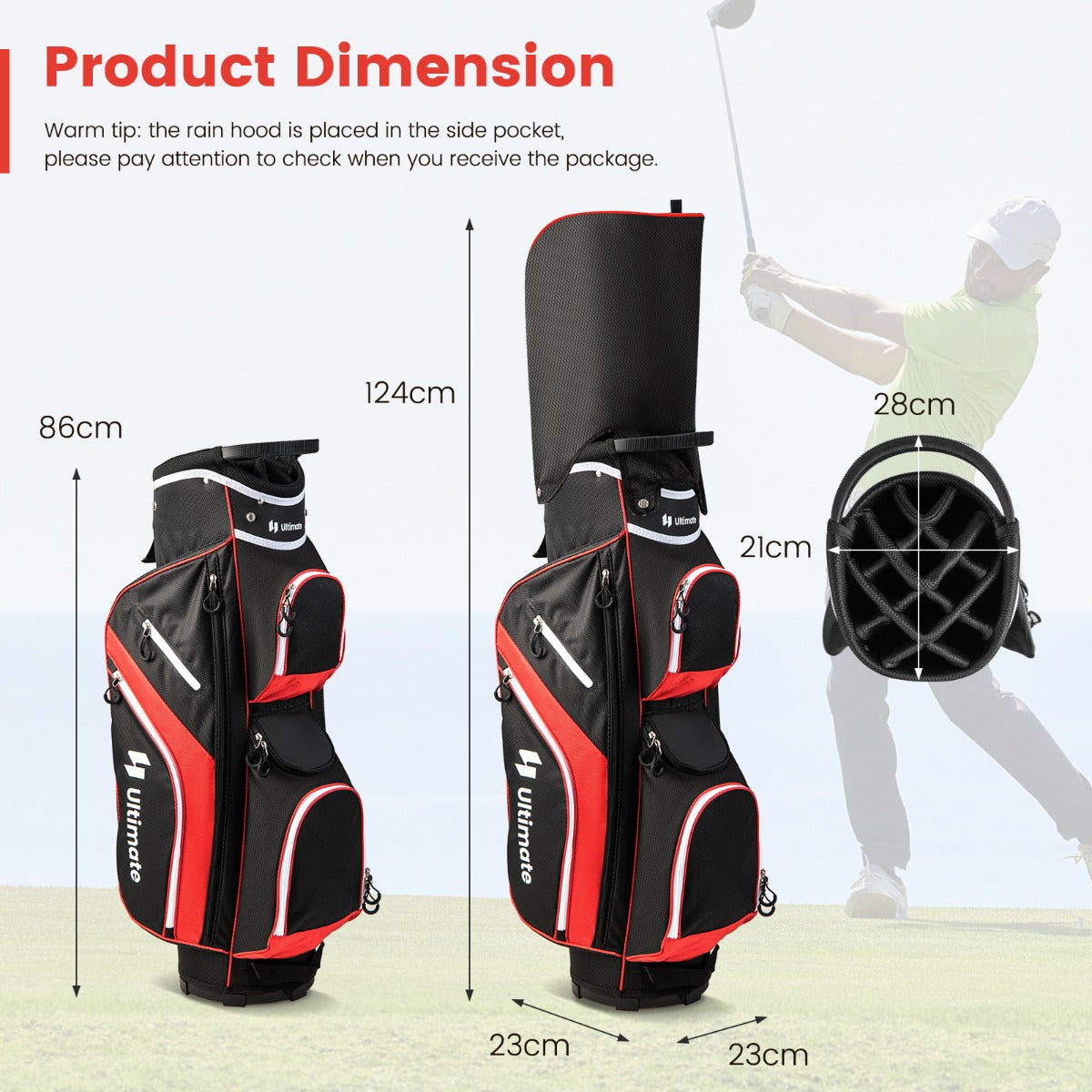 LIVSK Golftrolley Tas - 14 Vakken - 9 Ritszakken - Koelvak - Inclusief Regenhoes - Lichtgewicht 2 kg - Rood