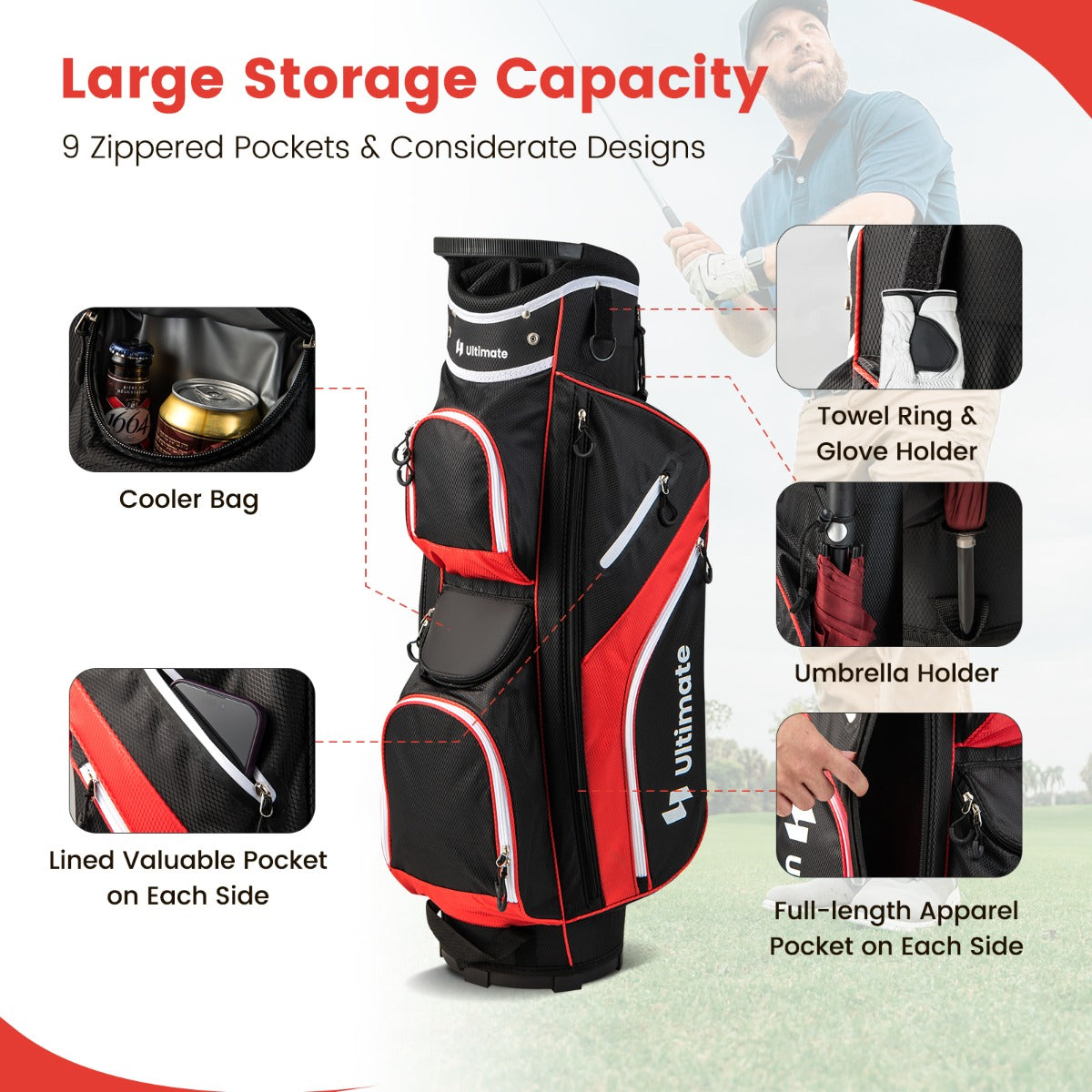 LIVSK Golftrolley Tas - 14 Vakken - 9 Ritszakken - Koelvak - Inclusief Regenhoes - Lichtgewicht 2 kg - Rood