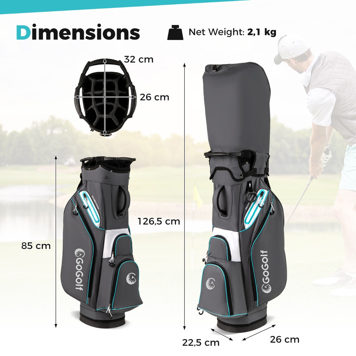 LIVSK Waterafstotende Golfbag - 14 Vakken - Inclusief Koeltas en Ritsregenhoes - Slijtvast Polyester - Grijs