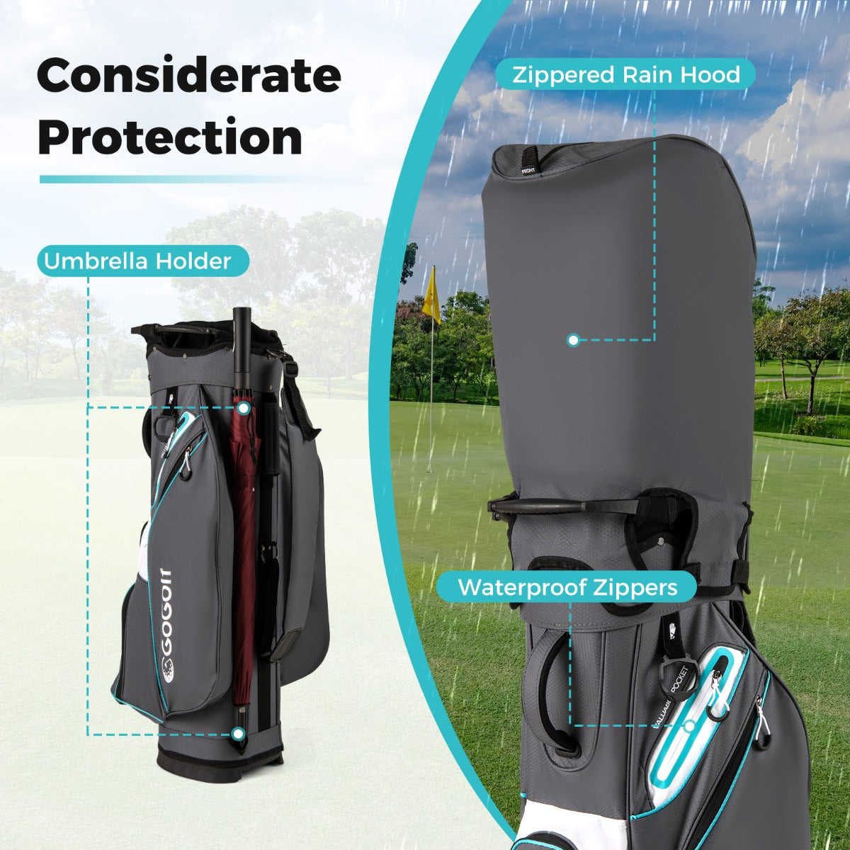 LIVSK Waterafstotende Golfbag - 14 Vakken - Inclusief Koeltas en Ritsregenhoes - Slijtvast Polyester - Grijs