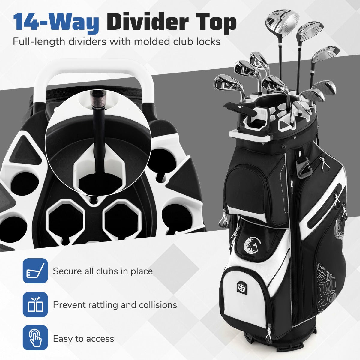 LIVSK Lichtgewicht Golfwagentas - 14 Vakken - Verstelbare Schouderband - Inclusief Regenhoes - Zwart