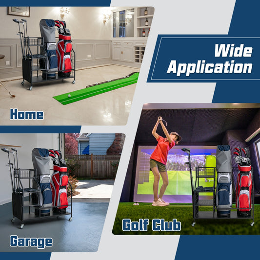 LIVSK Golfbag opslagorganizer - Ruimte voor 2 Golfbags - 4 Beweegbare Haken - Vergrendelbare Wielen - Duurzaam Metaal - Zwart