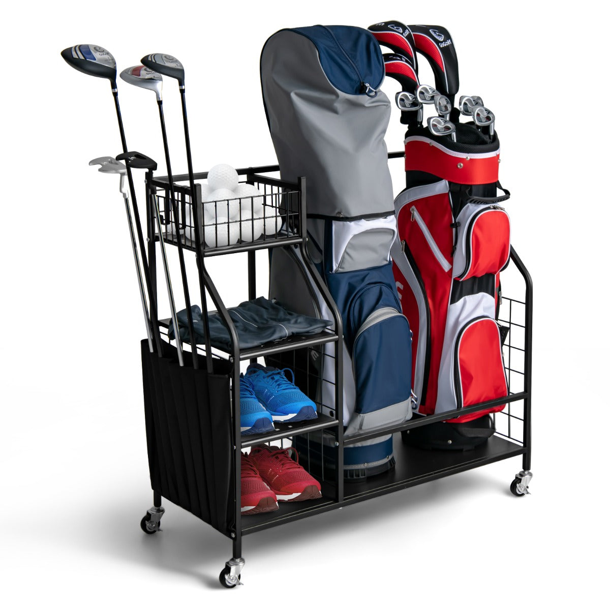 LIVSK Golfbag opslagorganizer - Ruimte voor 2 Golfbags - 4 Beweegbare Haken - Vergrendelbare Wielen - Duurzaam Metaal - Zwart