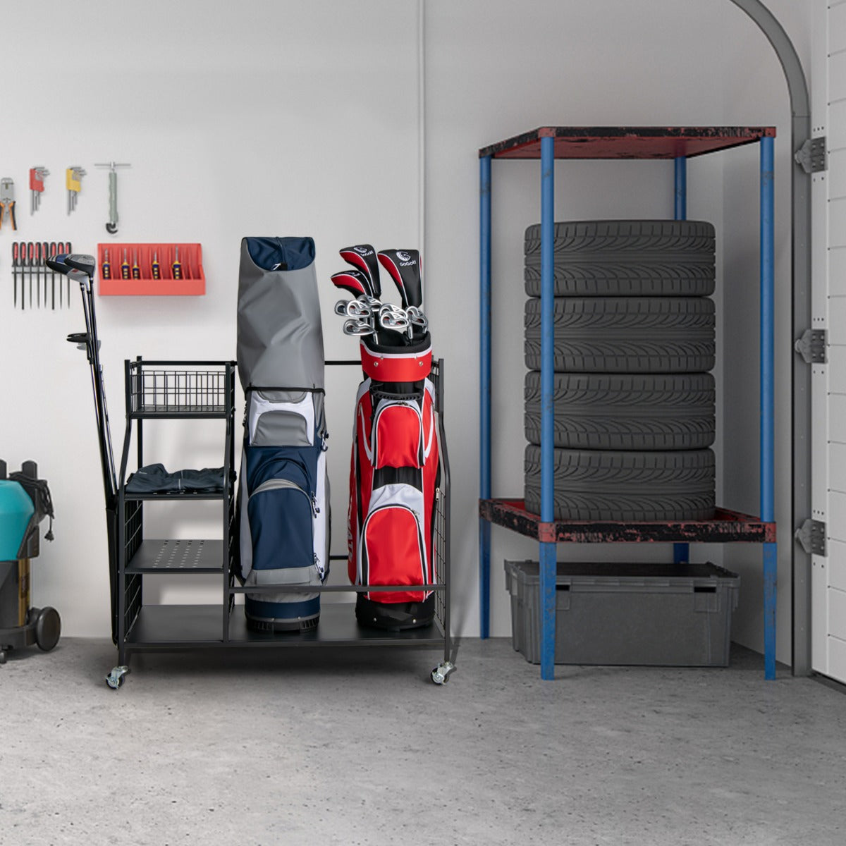 LIVSK Golfbag opslagorganizer - Ruimte voor 2 Golfbags - 4 Beweegbare Haken - Vergrendelbare Wielen - Duurzaam Metaal - Zwart