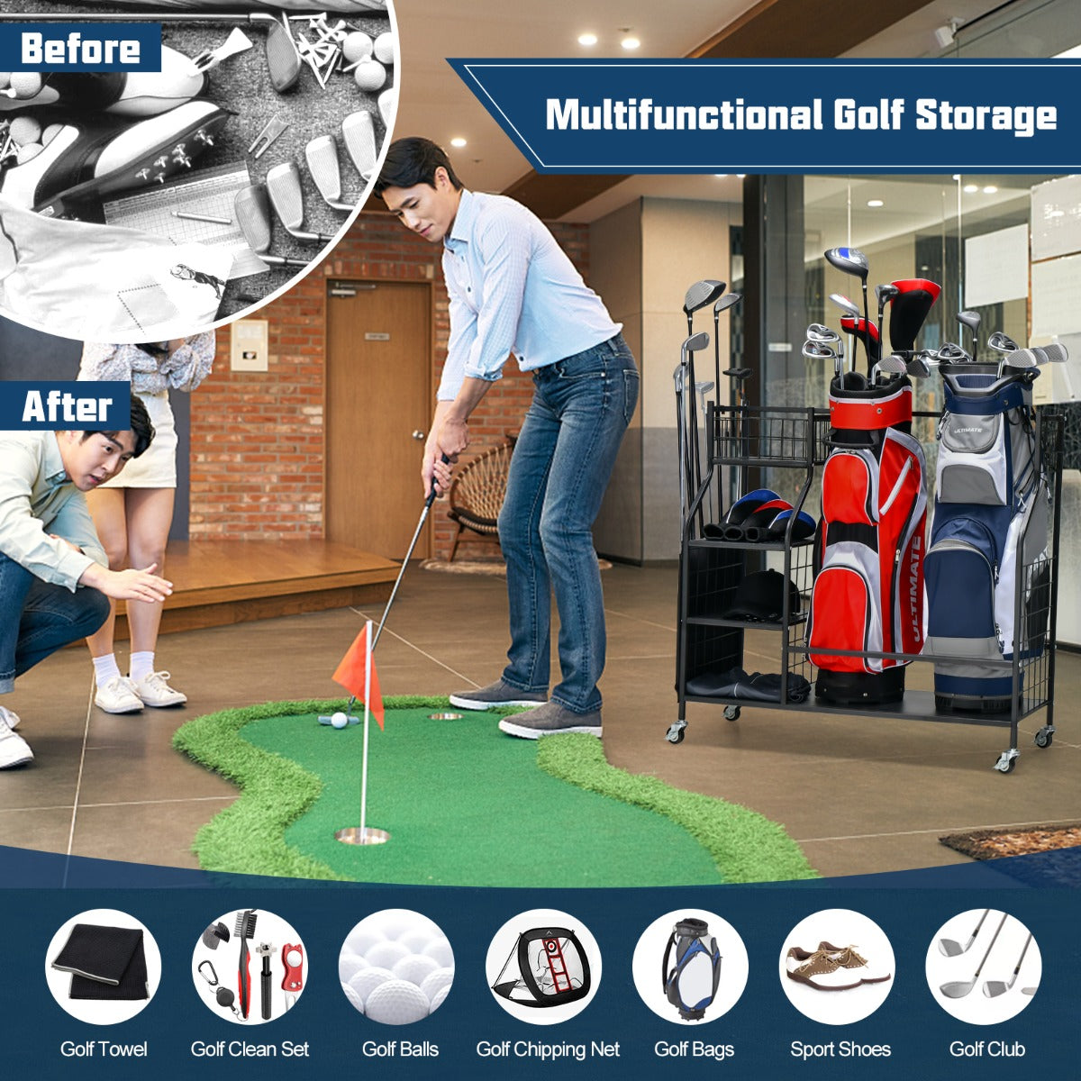 LIVSK Golfbag opslagorganizer - Ruimte voor 2 Golfbags - 4 Beweegbare Haken - Vergrendelbare Wielen - Duurzaam Metaal - Zwart