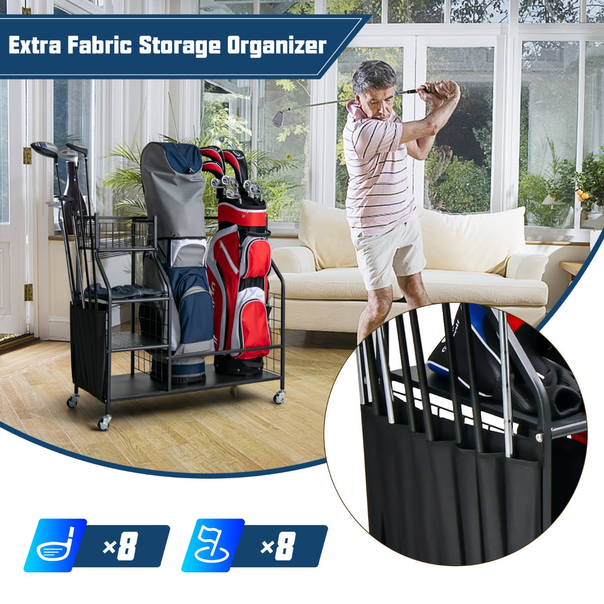 LIVSK Golfbag opslagorganizer - Ruimte voor 2 Golfbags - 4 Beweegbare Haken - Vergrendelbare Wielen - Duurzaam Metaal - Zwart
