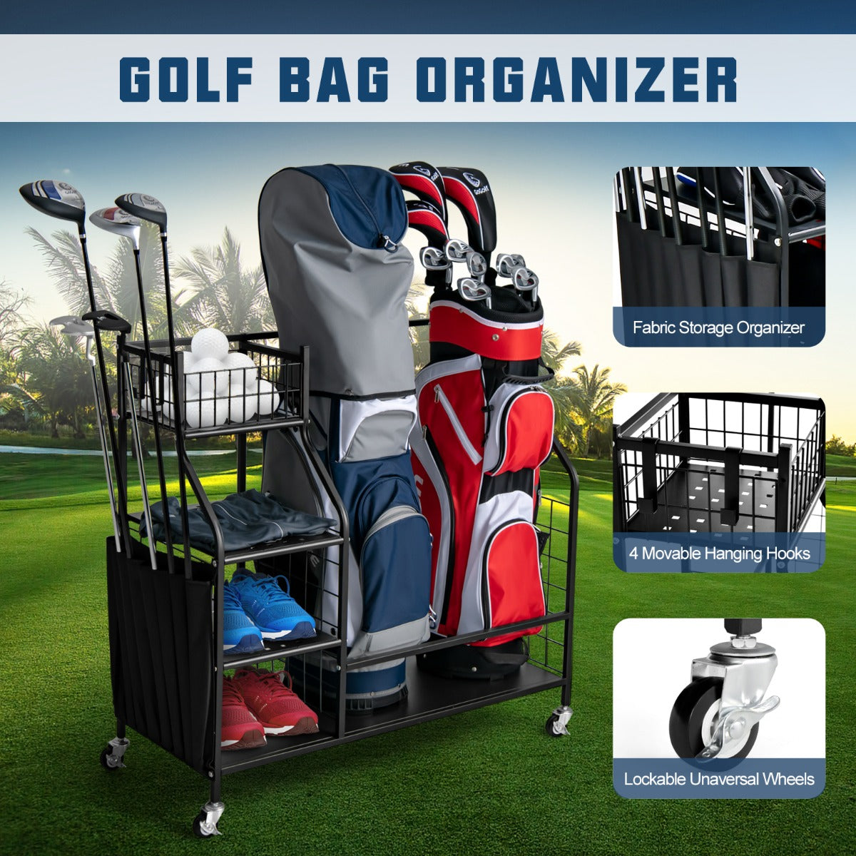 LIVSK Golfbag opslagorganizer - Ruimte voor 2 Golfbags - 4 Beweegbare Haken - Vergrendelbare Wielen - Duurzaam Metaal - Zwart