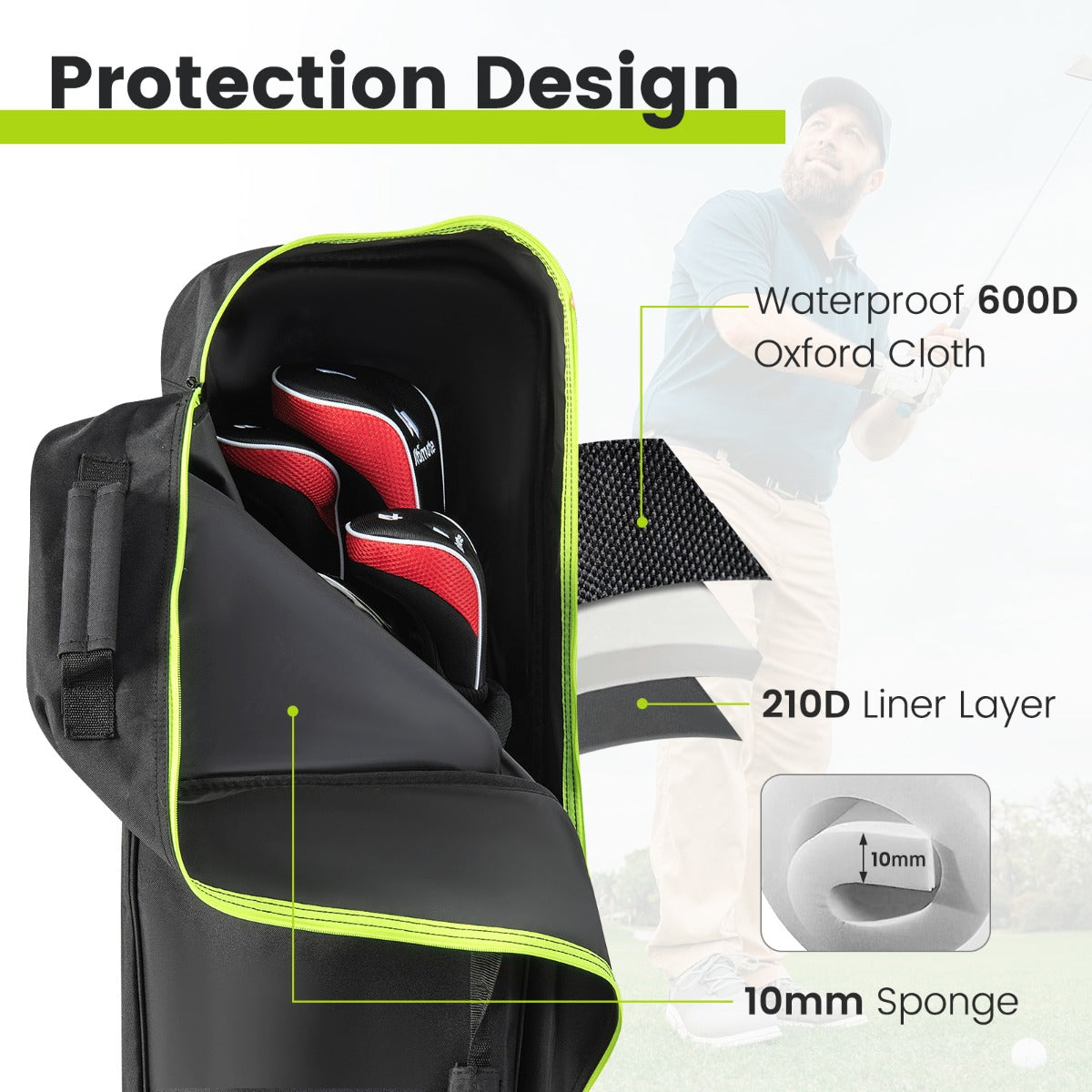 LIVSK Opvouwbare Golfreistas met Wielen - Waterdichte Oxford Stof - Extra Opbergvak - 3 Handgrepen - 31,5 x 25,5 x 128 cm - Zwart