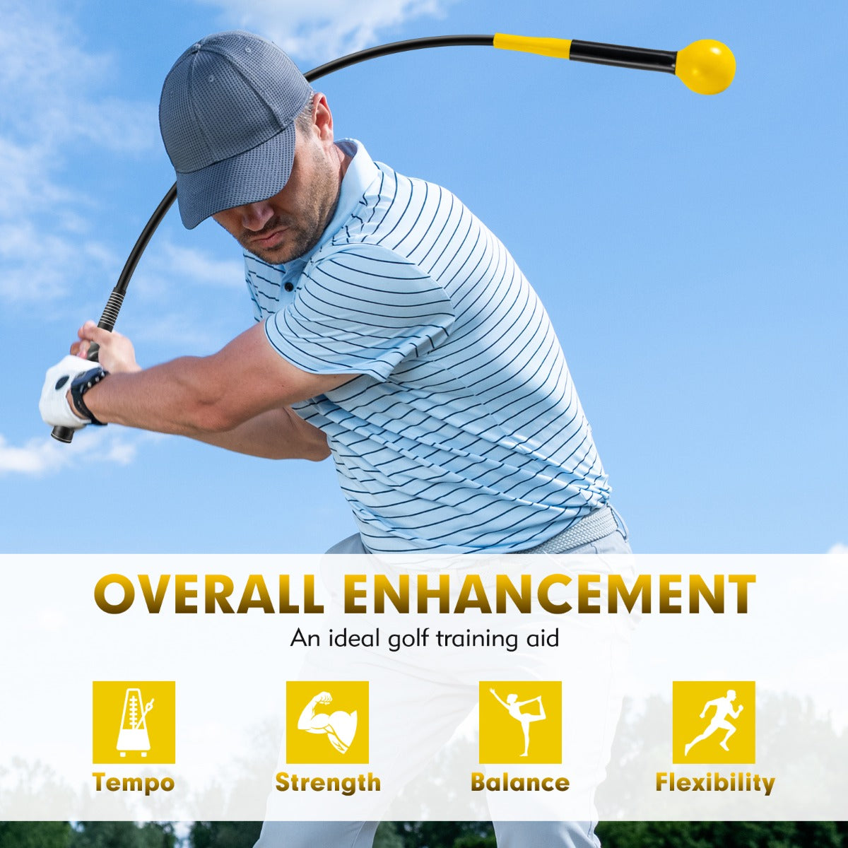 Livsk costway golfswingtrainer hulp 100 cm golftrainingshulp met verzwaarde kop voor grip geel 3
