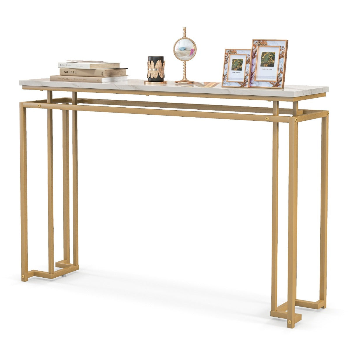 LIVSK Consoletafel Modern - Wit Marmeren Blad - Gouden Metalen Frame - 120 x 30 x 80,5 cm - Verstelbare Voetsteunen - Wit + Goud