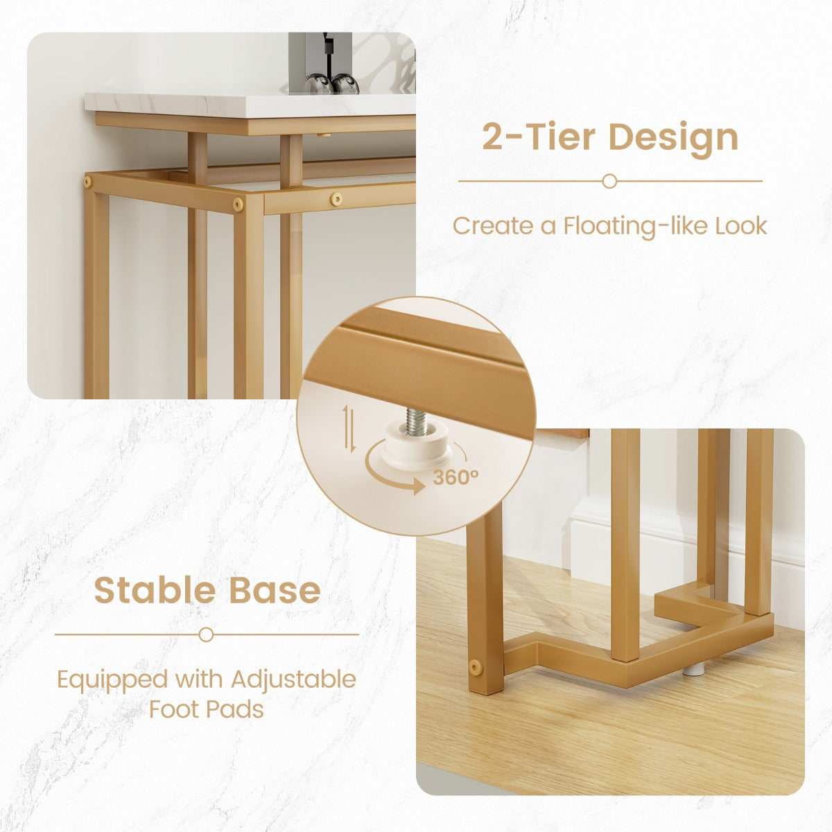 LIVSK Consoletafel Modern - Wit Marmeren Blad - Gouden Metalen Frame - 120 x 30 x 80,5 cm - Verstelbare Voetsteunen - Wit + Goud