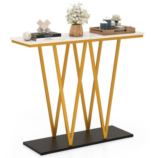 LIVSK Haltafel met Imitatiemarmeren Blad - W-vormig Frame - Brede Basis - Anti-kantelsets - 100 x 30 x 79 cm - Wit + Goud + Zwart