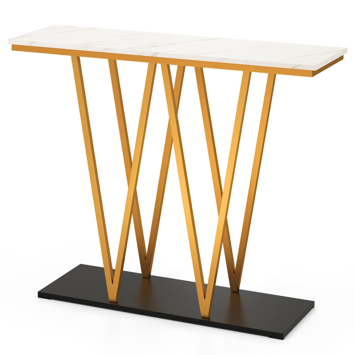 LIVSK Haltafel met Imitatiemarmeren Blad - W-vormig Frame - Brede Basis - Anti-kantelsets - 100 x 30 x 79 cm - Wit + Goud + Zwart