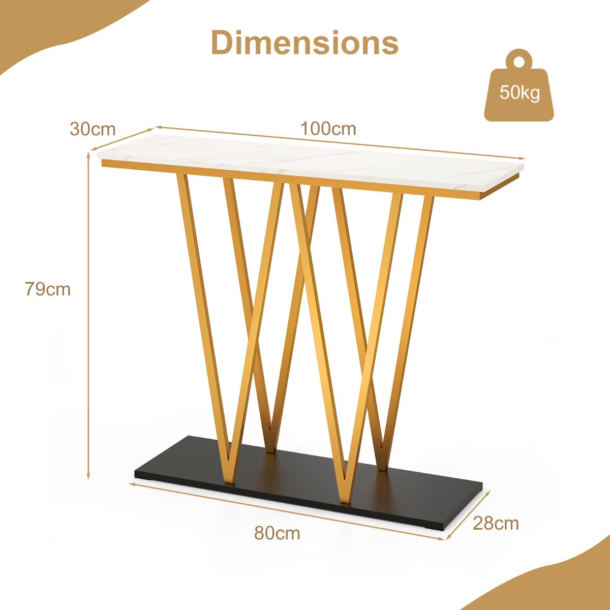 LIVSK Haltafel met Imitatiemarmeren Blad - W-vormig Frame - Brede Basis - Anti-kantelsets - 100 x 30 x 79 cm - Wit + Goud + Zwart