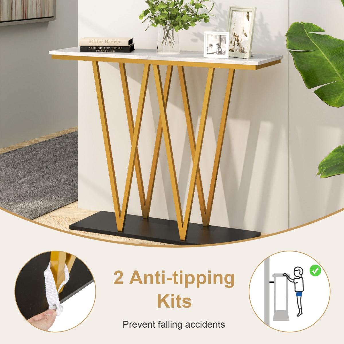 LIVSK Haltafel met Imitatiemarmeren Blad - W-vormig Frame - Brede Basis - Anti-kantelsets - 100 x 30 x 79 cm - Wit + Goud + Zwart