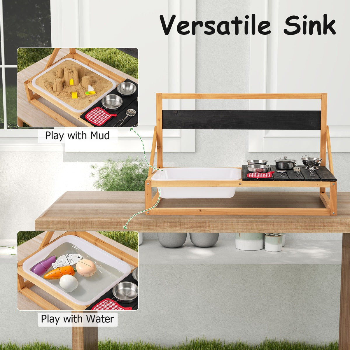LIVSK Houten Speelkeuken voor Kinderen - Wand/Tafel Montage - Inclusief Accessoires en Gootsteen - Voor 3 jaar en ouder - Zwart +