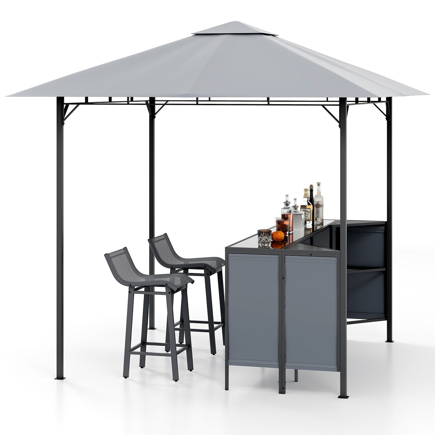 LIVSK 3-delige Bartafel met Paviljoen - Inclusief 2 Barkrukken - Poedergecoat Metalen Frame - Hittebestendig Glazen Oppervlak -