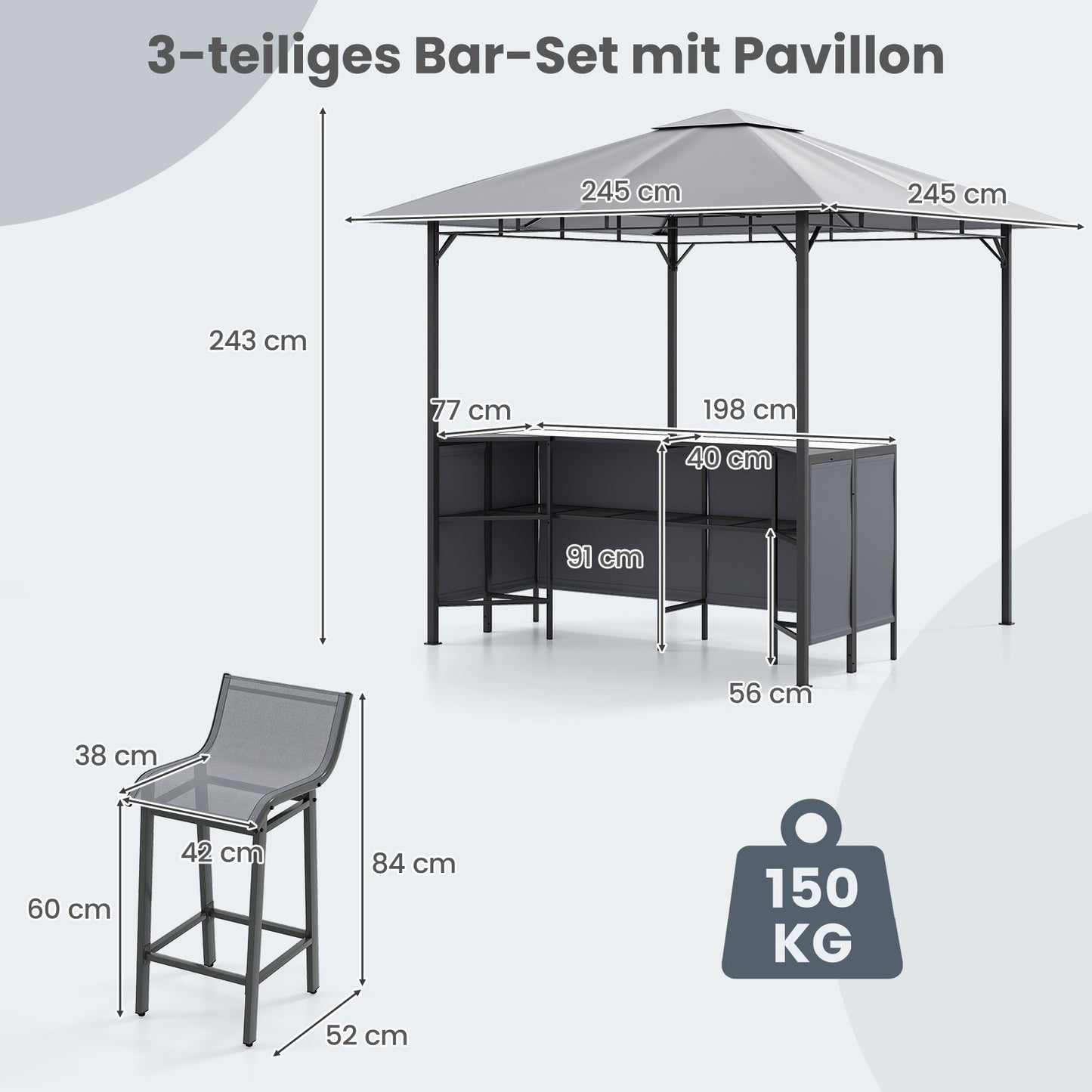 LIVSK 3-delige Bartafel met Paviljoen - Inclusief 2 Barkrukken - Poedergecoat Metalen Frame - Hittebestendig Glazen Oppervlak -