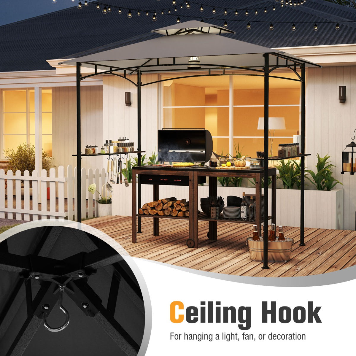 LIVSK Grillpaviljoen met Dubbel Dak - 2 Zijplanken - 6 Haken - Ingebouwde Flesopener - 242 x 150 x 250 cm - Grijs