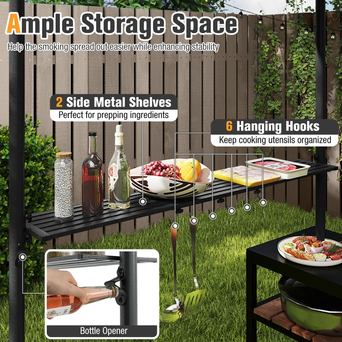 LIVSK Grillpaviljoen met Dubbel Dak - 2 Zijplanken - 6 Haken - Ingebouwde Flesopener - 242 x 150 x 250 cm - Grijs