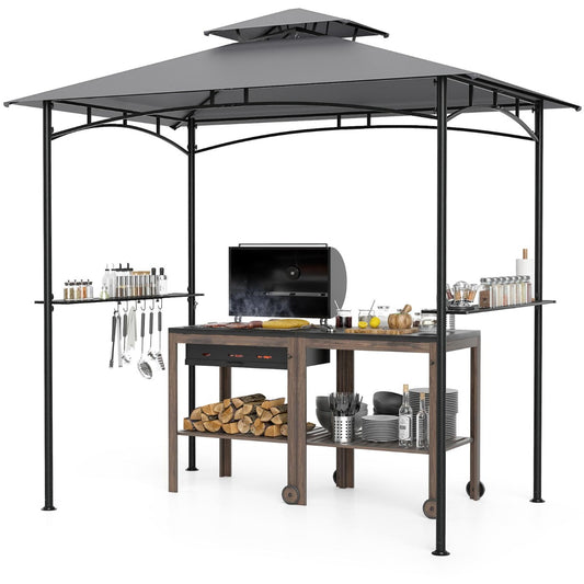 LIVSK Grillpaviljoen met Dubbel Dak - 2 Zijplanken - 6 Haken - Ingebouwde Flesopener - 242 x 150 x 250 cm - Grijs