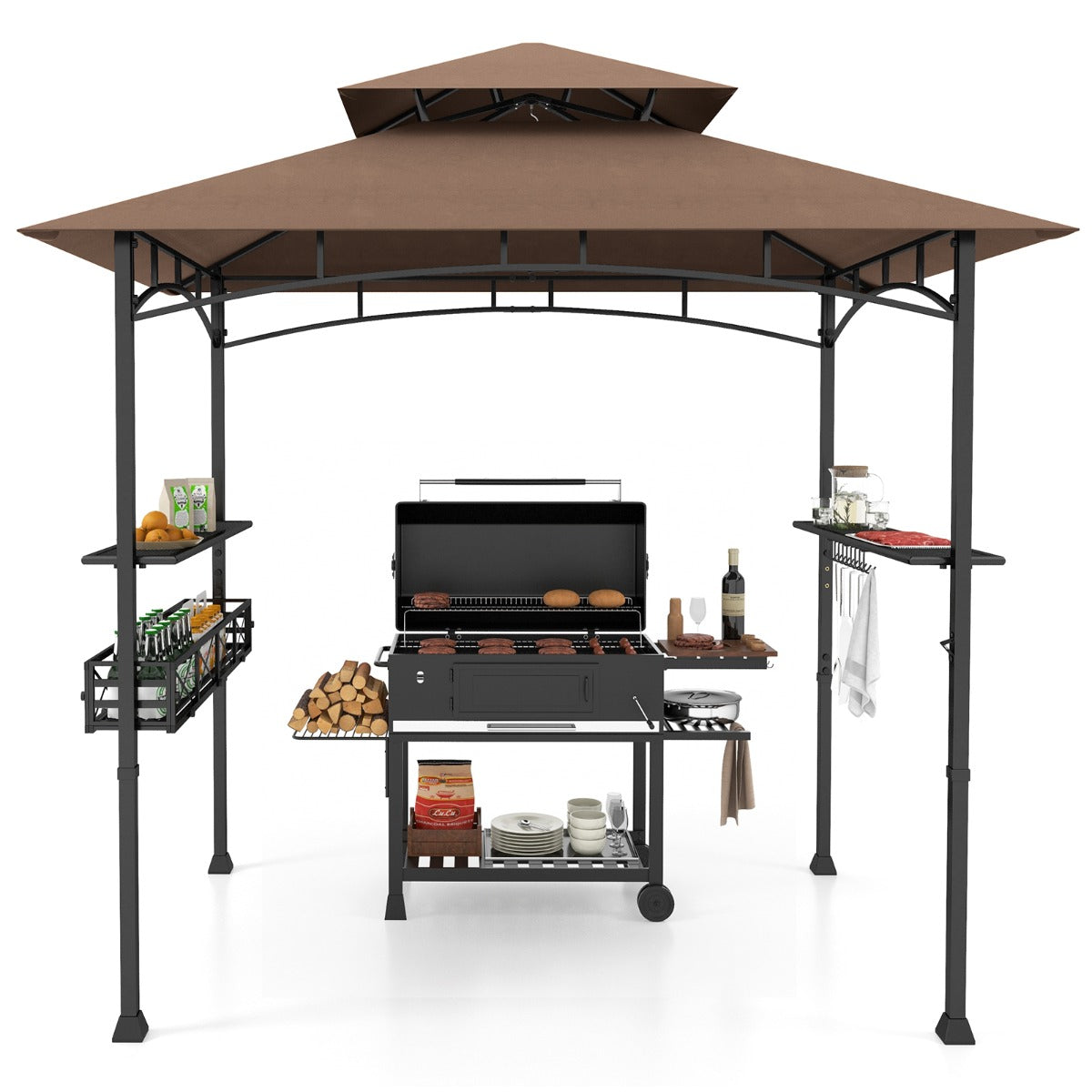 LIVSK Grillpaviljoen met Zijkasten en Opbergmand - Dubbel Dak - Eenvoudige Montage - 242 x 153 x 250 cm - Bruin + Zwart