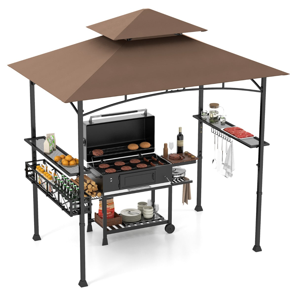 LIVSK Grillpaviljoen met Zijkasten en Opbergmand - Dubbel Dak - Eenvoudige Montage - 242 x 153 x 250 cm - Bruin + Zwart