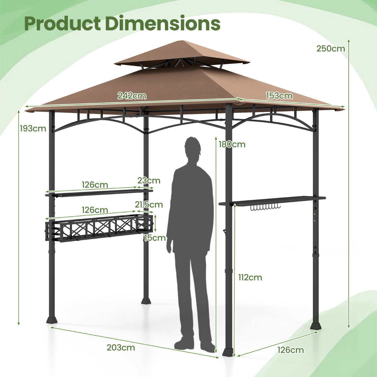 LIVSK Grillpaviljoen met Zijkasten en Opbergmand - Dubbel Dak - Eenvoudige Montage - 242 x 153 x 250 cm - Bruin + Zwart
