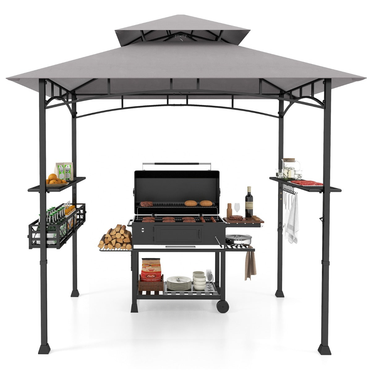 LIVSK Grillpaviljoen met Zijplanken en Opbergmand - 3,7 m² - Zonwerend en Vlambestendig - Eenvoudige Montage - Grijs + Zwart
