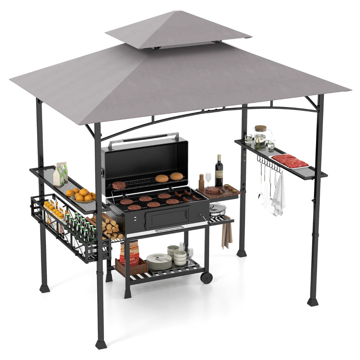 LIVSK Grillpaviljoen met Zijplanken en Opbergmand - 3,7 m² - Zonwerend en Vlambestendig - Eenvoudige Montage - Grijs + Zwart