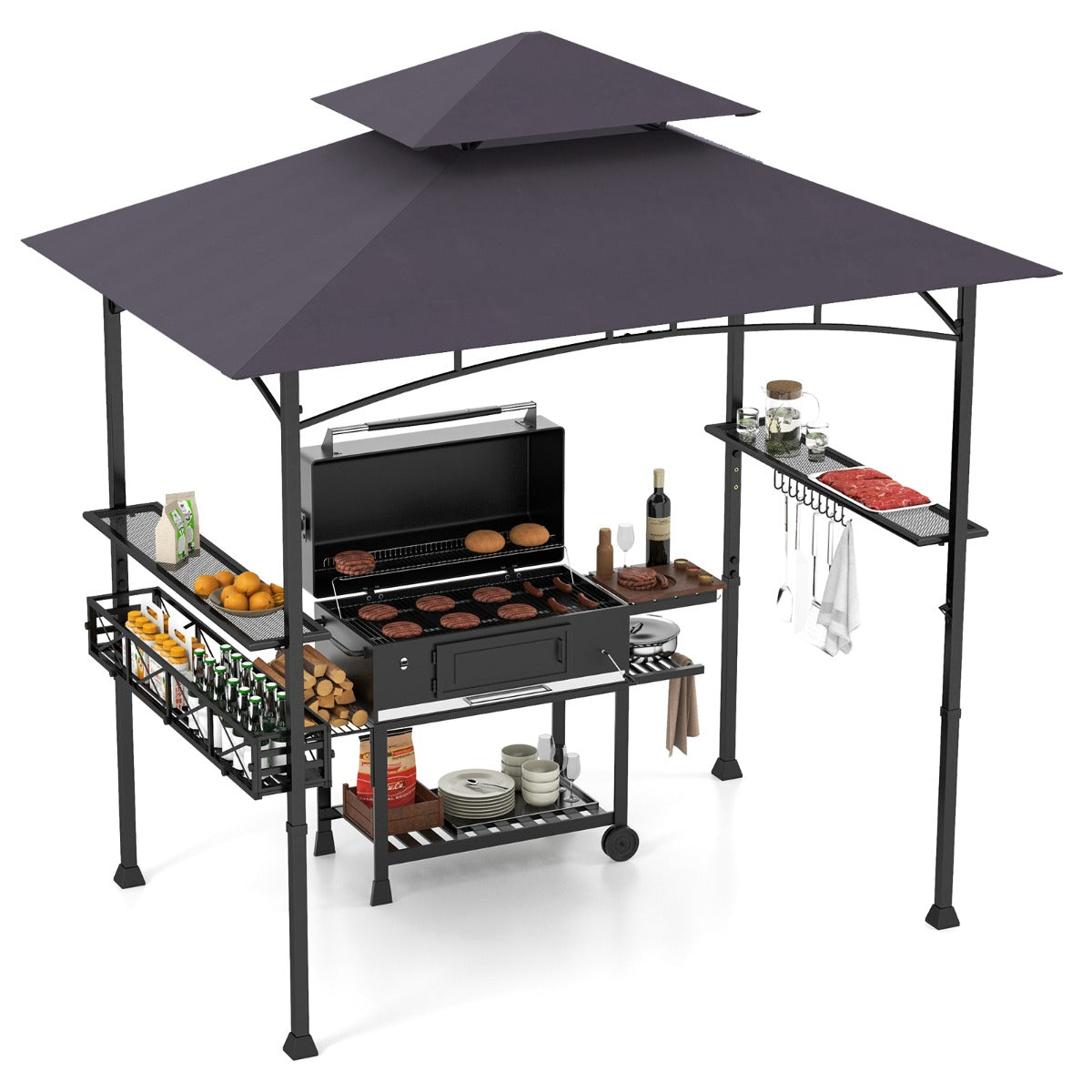 LIVSK Grillpaviljoen met Ruim Vloeroppervlak - 2 Zijkasten en Opbergmand - Eenvoudige Montage - Vlamvertragend Polyester - Grijs