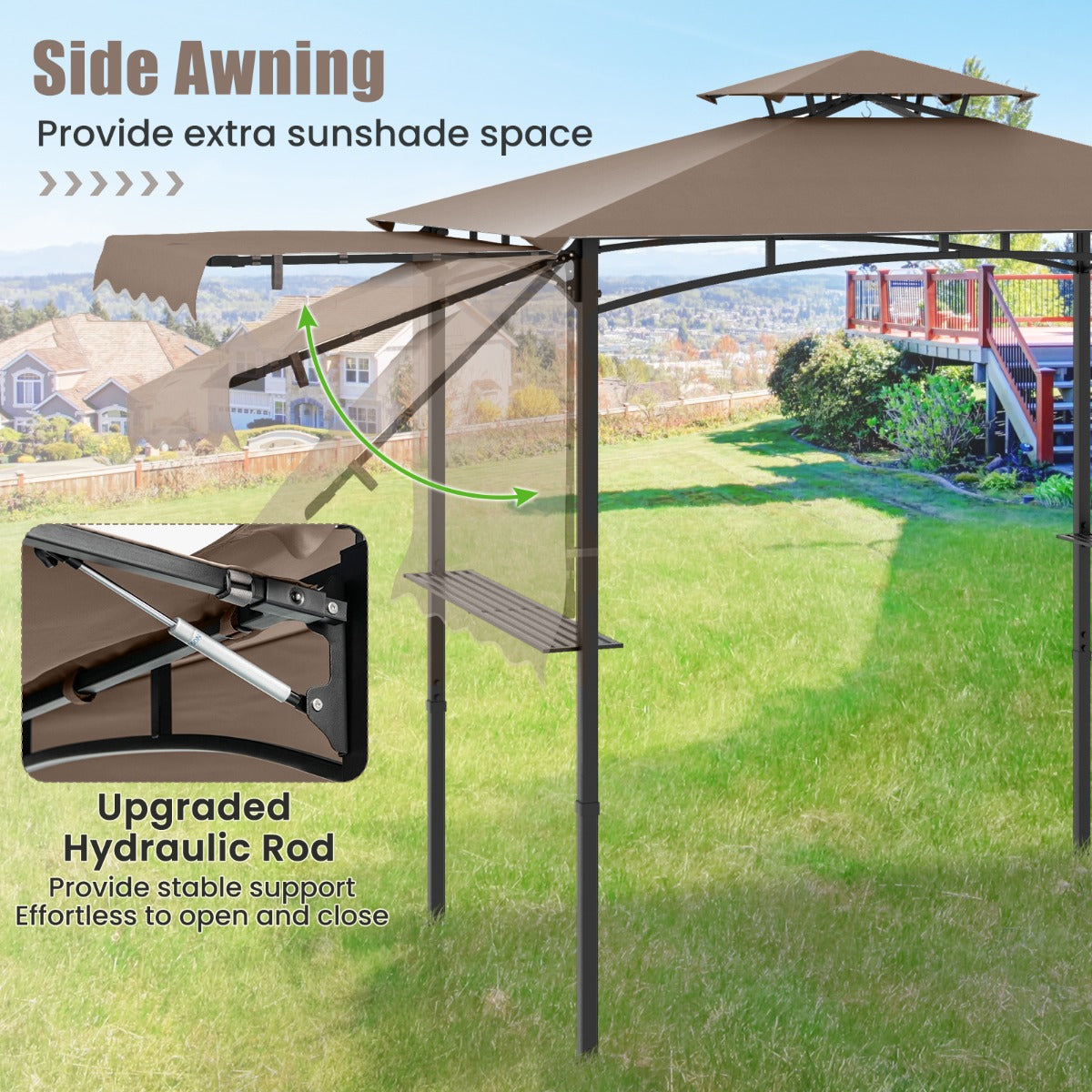 LIVSK Grillpaviljoen met Zijluifel - Dubbeldak - Roestvrijstalen Frame - Vlamvertragend Polyester - 318 x 153 x 250 cm - Bruin