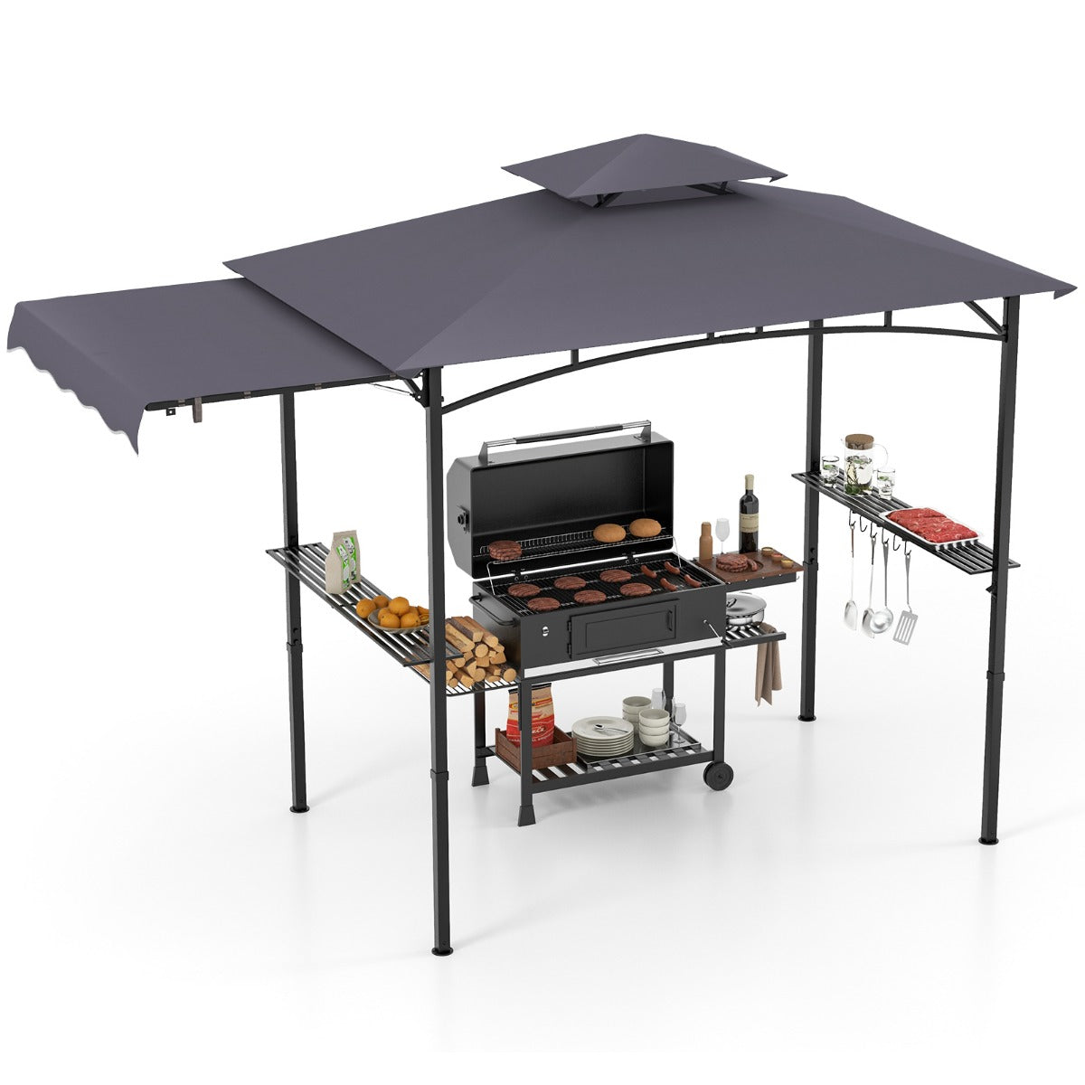 LIVSK Grillpaviljoen met Zijluifel - Dubbeldak - Roestvrijstalen Frame - Eenvoudige Installatie - 318 x 153 x 250 cm - Donkergrijs