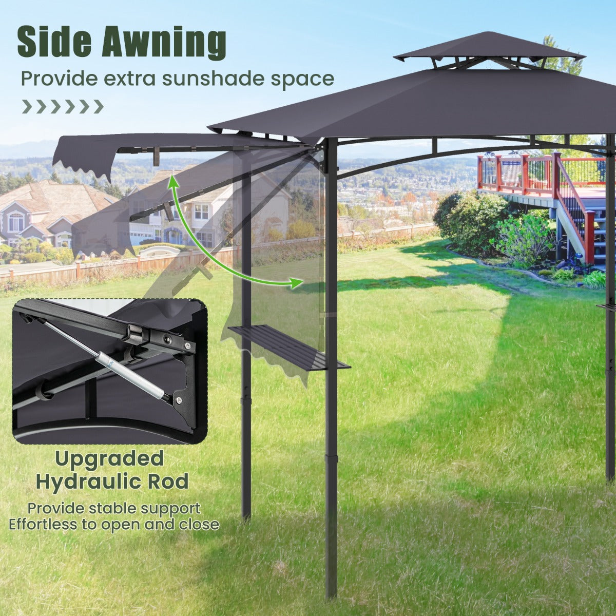 LIVSK Grillpaviljoen met Zijluifel - Dubbeldak - Roestvrijstalen Frame - Eenvoudige Installatie - 318 x 153 x 250 cm - Donkergrijs